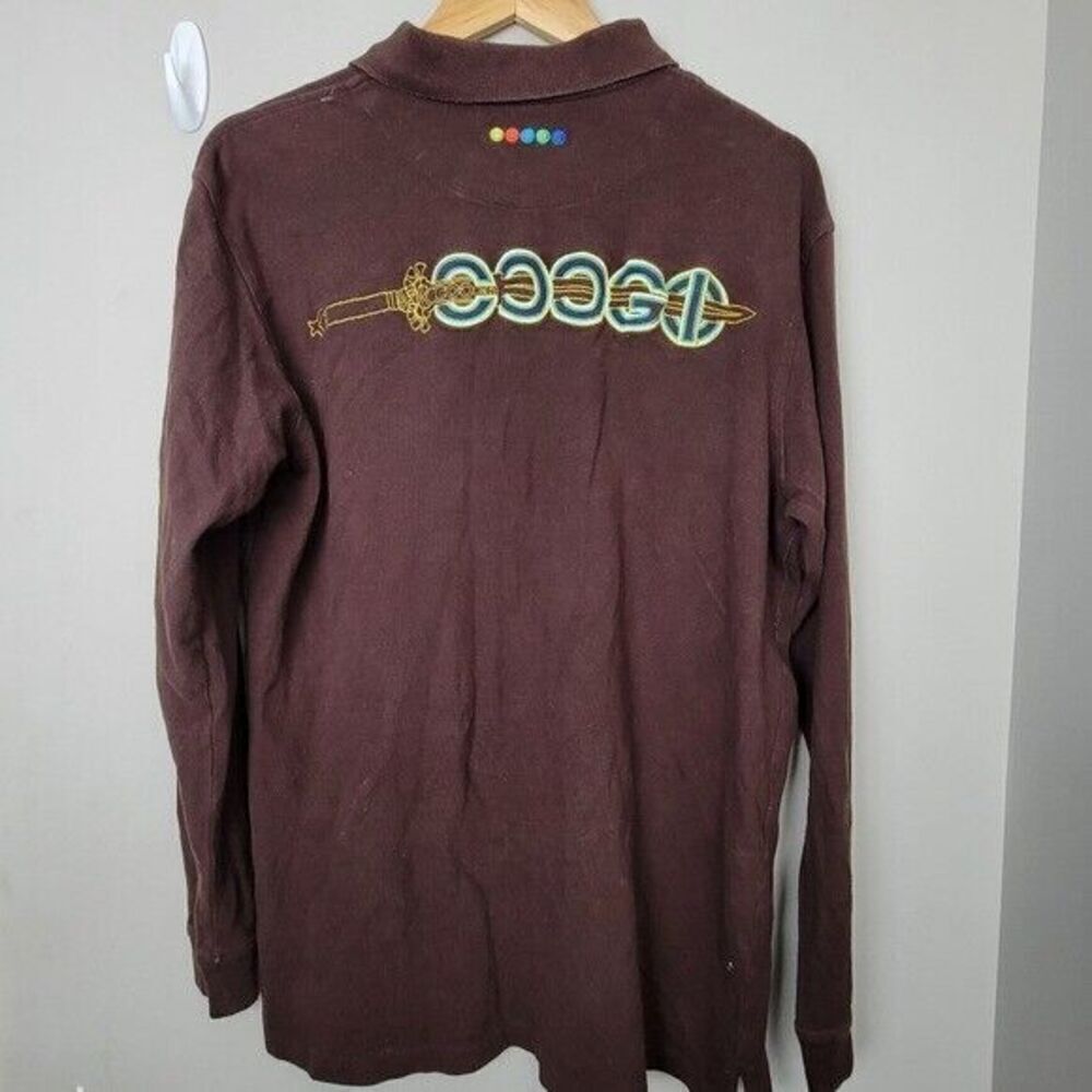 Coogi Mens Long Sleeve Brown Rugby Polo with Embroidery Dragon Bird Swords XL